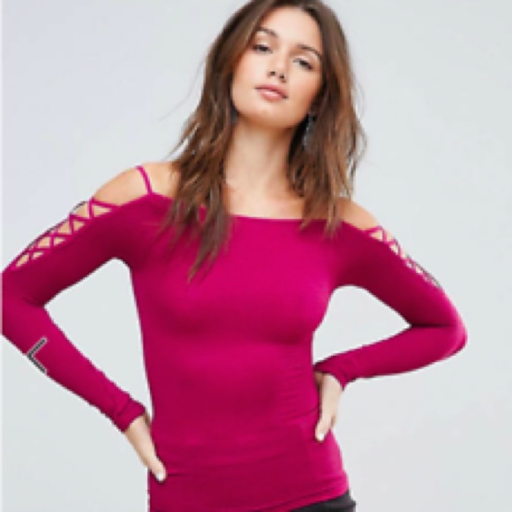#1034 NWT Free People Cross Shoulder LongSleeve Layering Top Size Xs/S Fuchsia